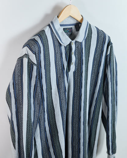 90s Greg Norman Light Grey/Navy Long Sleeve Stripe Polo (L)