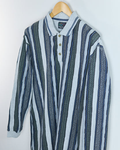 90s Greg Norman Light Grey/Navy Long Sleeve Stripe Polo (L)