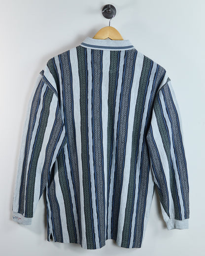 90s Greg Norman Light Grey/Navy Long Sleeve Stripe Polo (L)