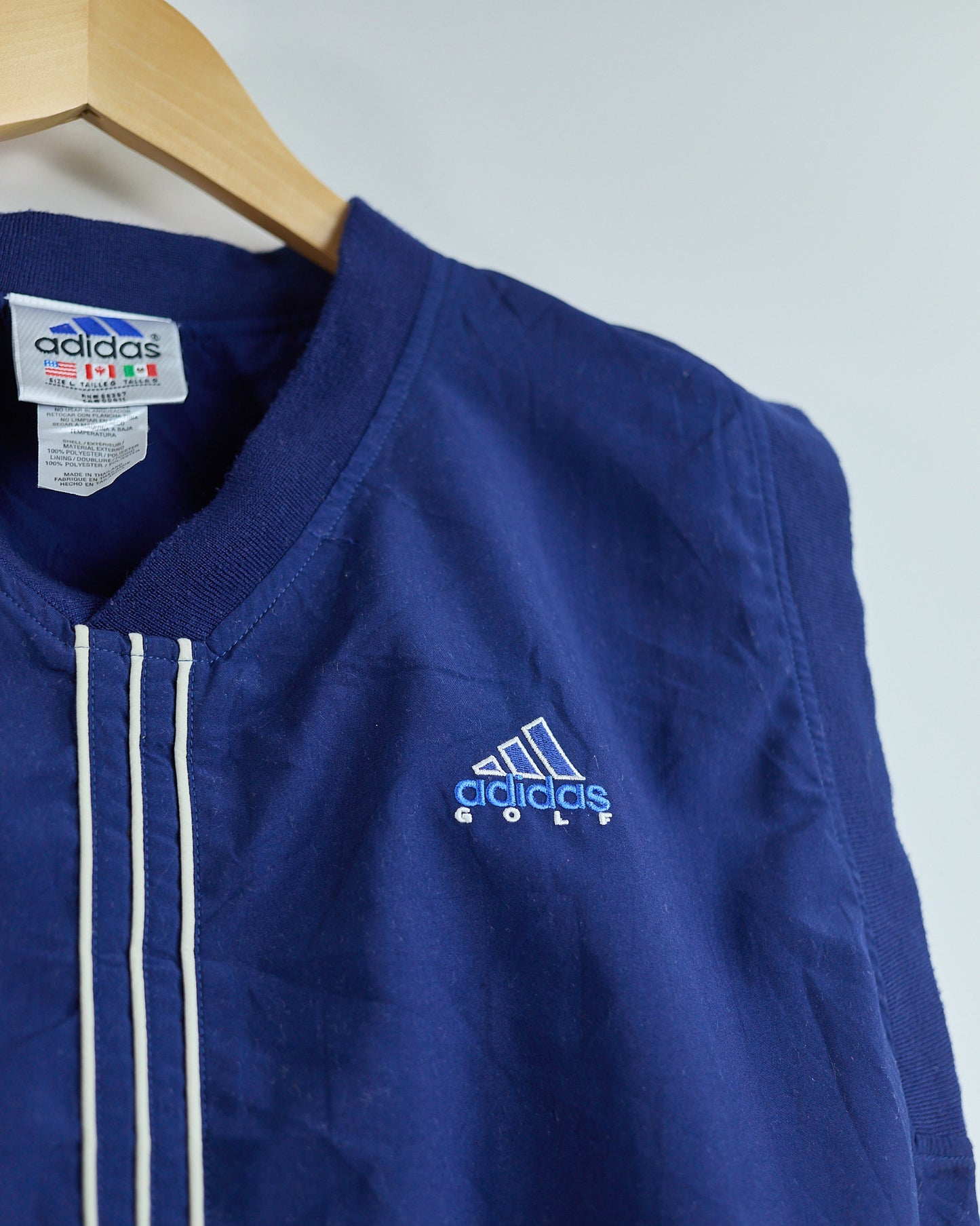 Mid 90s Adidas Golf Blue/White V Neck Gilet Windbreaker Jacket (L)