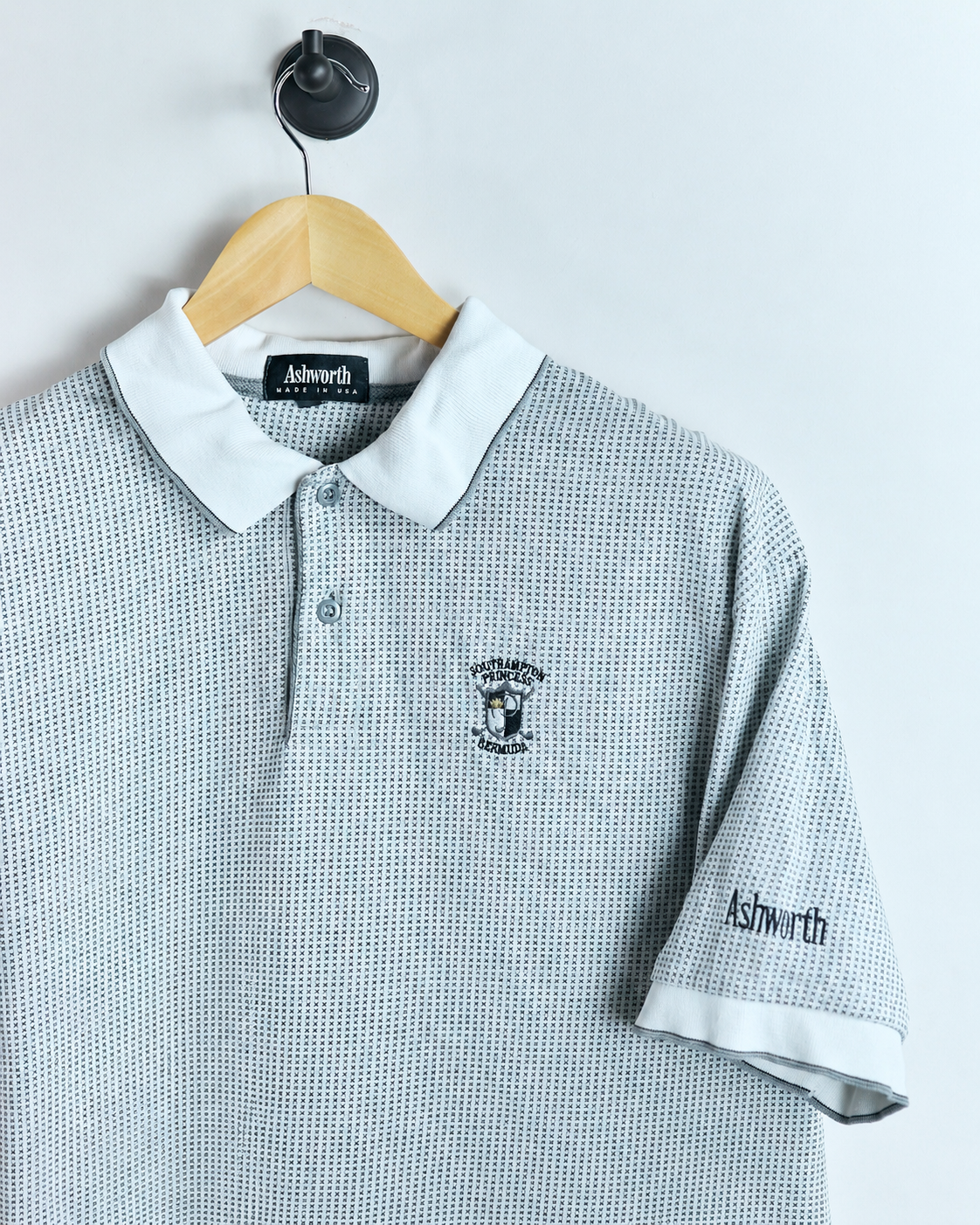 90s Ashworth White/Black Check Polo, beautiful stitch and design! (L)
