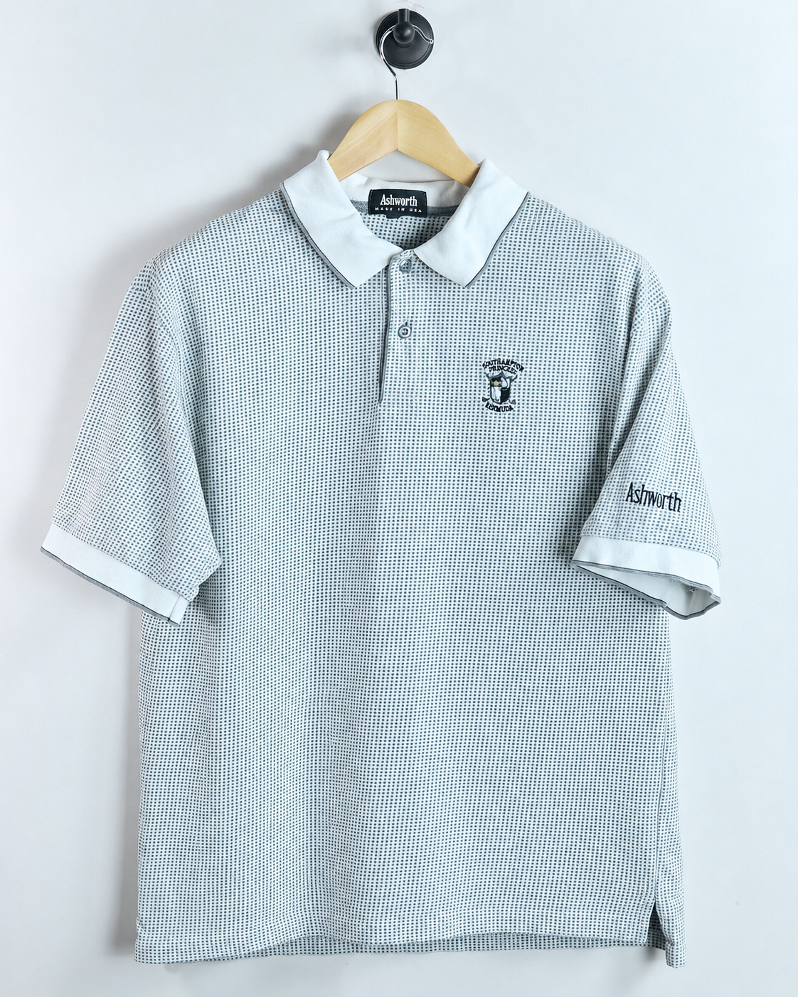 90s Ashworth White/Black Check Polo, beautiful stitch and design! (L)