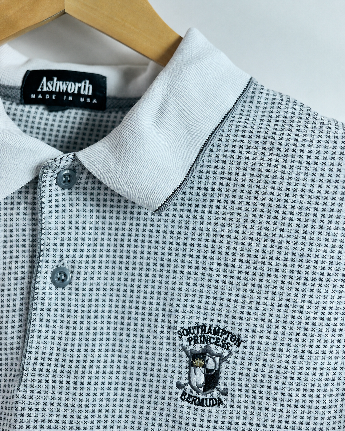 90s Ashworth White/Black Check Polo, beautiful stitch and design! (L)