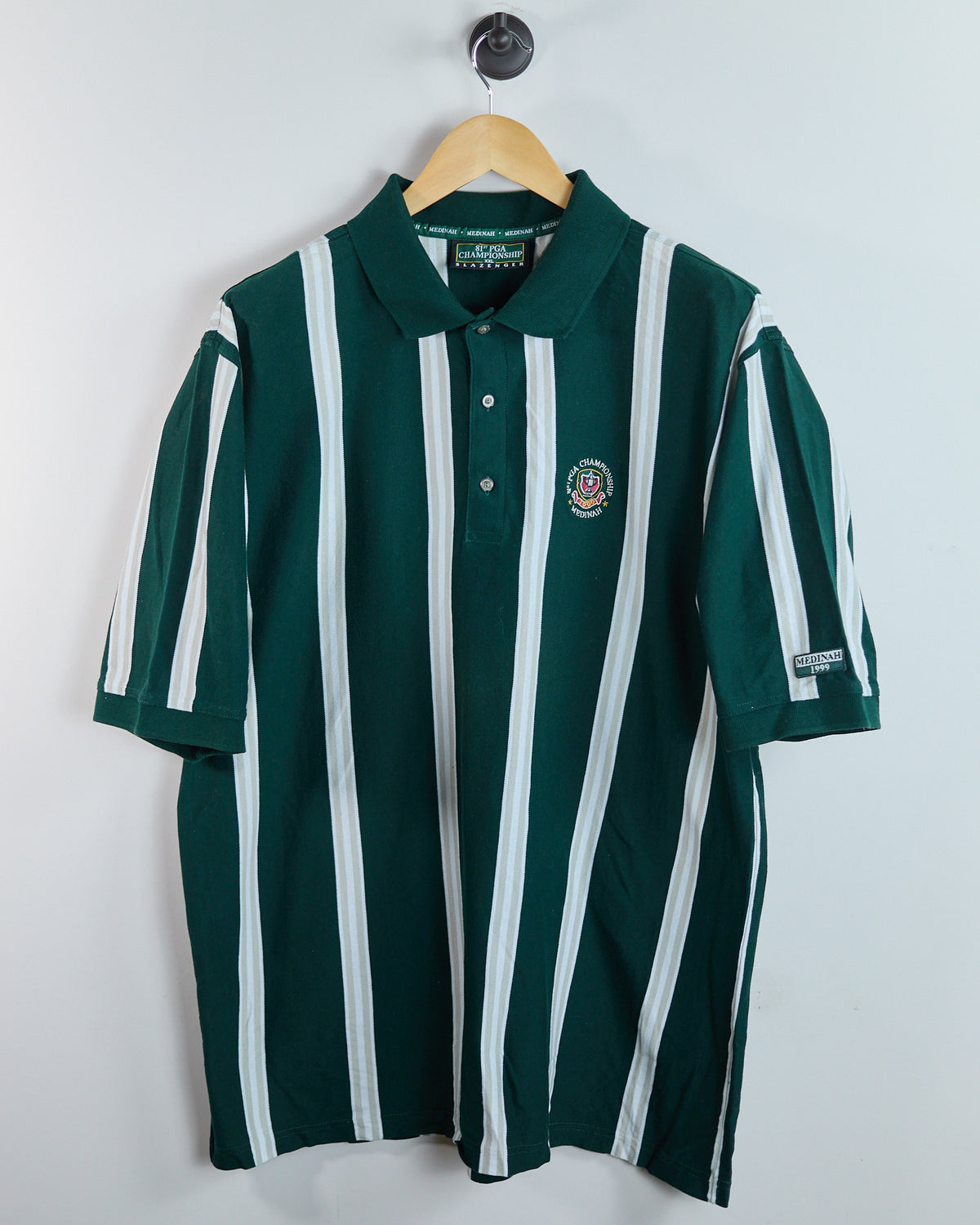 1999 Slazenger Golf Green/White Stripe Pattern 81st PGA Championship Medinah Polo (XL)