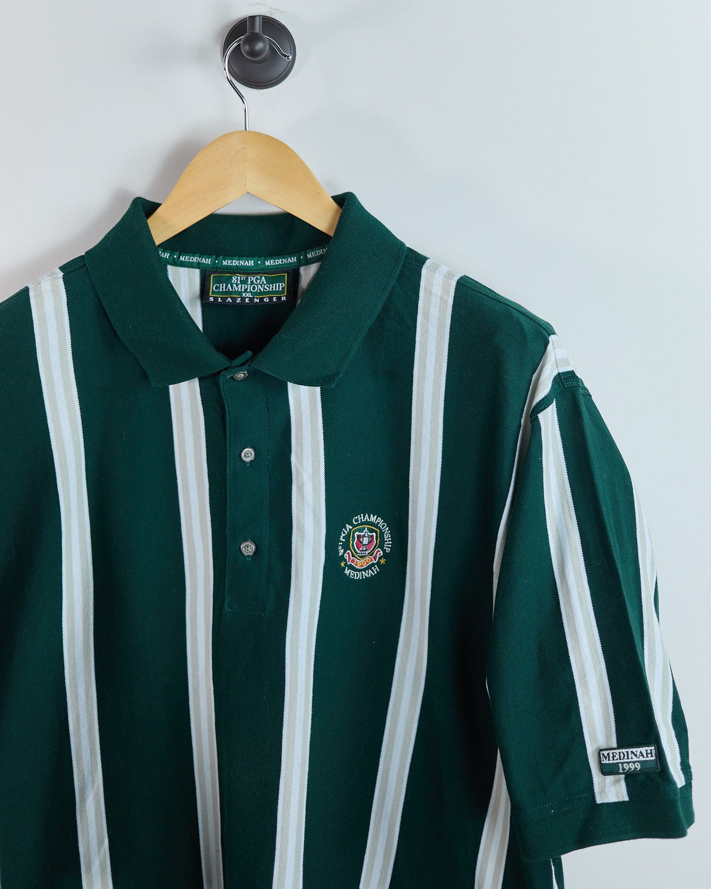 1999 Slazenger Golf Green/White Stripe Pattern 81st PGA Championship Medinah Polo (XL)