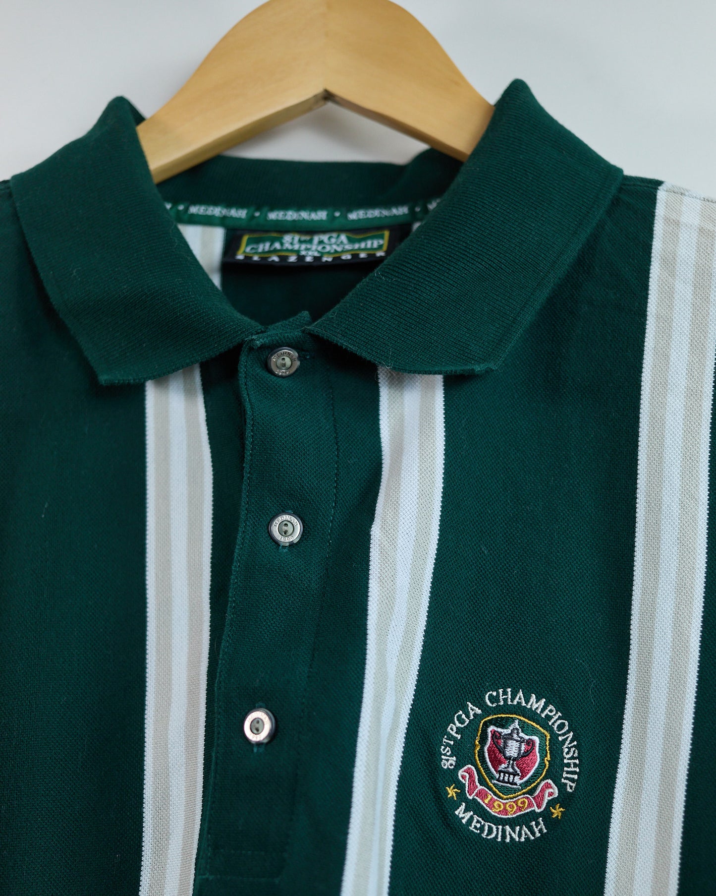 1999 Slazenger Golf Green/White Stripe Pattern 81st PGA Championship Medinah Polo (XL)